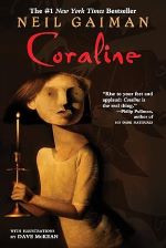 Book cover of Coraline by Neil Gaiman, featuring an illustration of a girl holding a candle with a shadowy background.