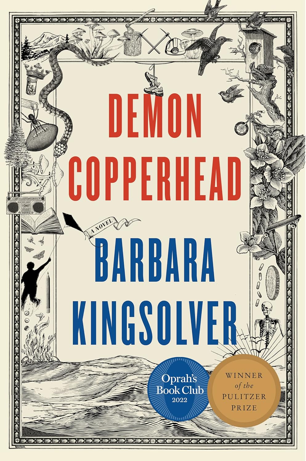 illustrative images of flowers, snakes, and birds along the edges of a centered title, Demon Copperhead by Barbara Kingsolver