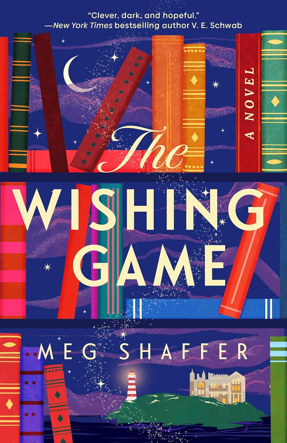 midnight sky with scattered books on shelves. An illustrative island is at the base of the cover. The Wishing Game by Meg Shaffer is written across the image