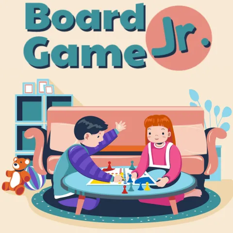 Cartoon of children playing a board game. Logo of Board Game Junior. This is a Greenwood Children's program.