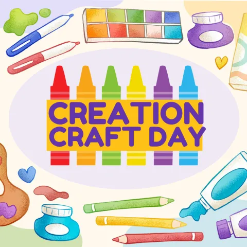Creation Craft Day Logo surrounded by cartoon craft supplies. This is a program for Ninety Six Children.