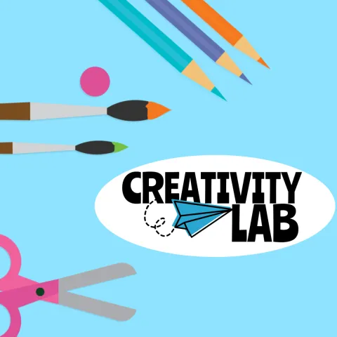 Creativity Lab Logo in the bottom right corner. Surrounded by craft supplies. This is a Greenwood Children program.