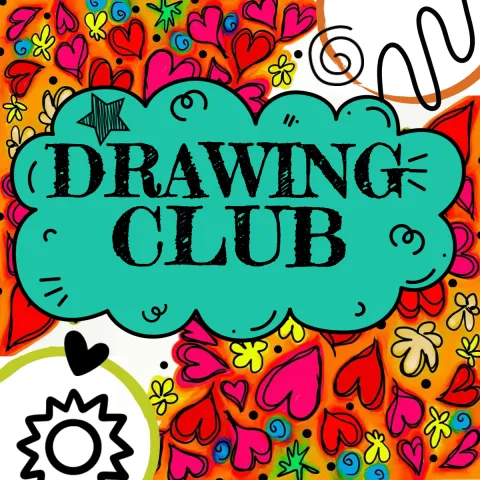 Drawing Club Logo in the center surrounded by many cartoon doodle shapes. This is a Greenwood Teen program.