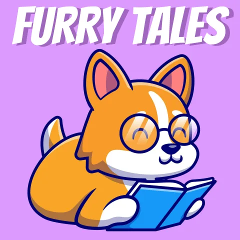 Furry Tales written in plain text across the top. Underneath is a cartoon corgi with glasses reading a book. This is a Greenwood Family program.