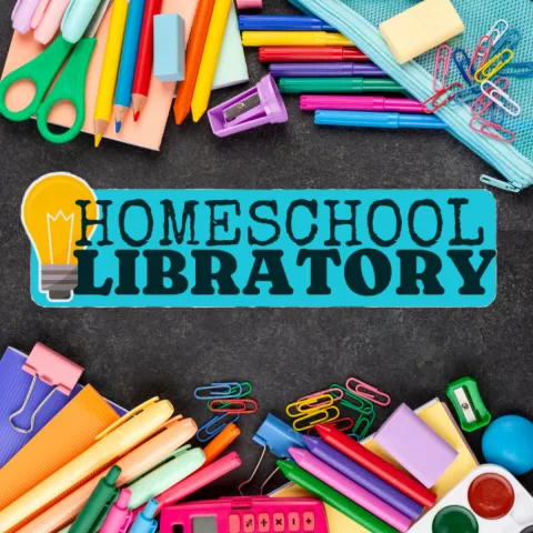 Homeschool Libratory Log front and center surrounded by a photograph of school supplies. This is a Ninety Six program for children, tweens, and teens.