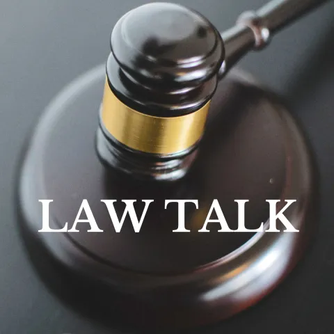 Law Talk in plain text underneath a wooden gavel. This is a Greenwood Adult program.