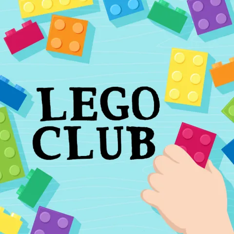 Lego Club logo is centered around cartoon legos. This is a Greenwood Childrens, Tweens, and Teen program.