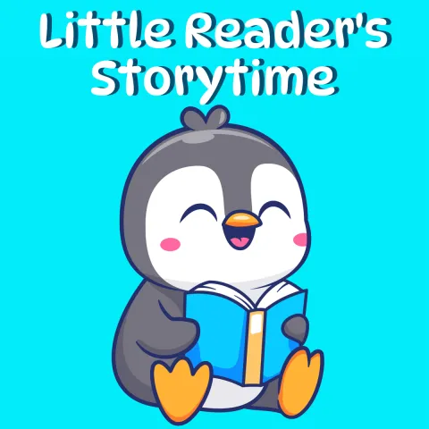 Little Reader's Storytime in plain text above a cartoon penguin reading a book. This is a Greenwood Toddlers and Babies and Childrens program.