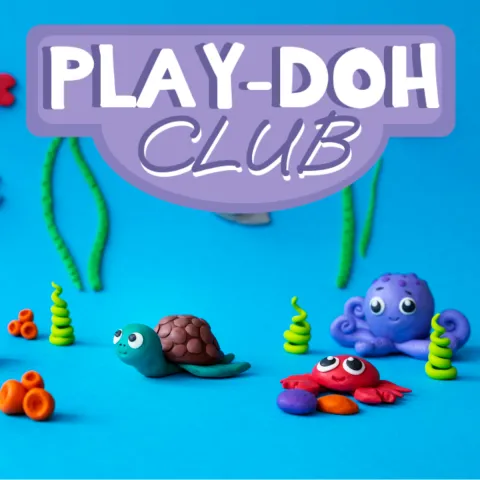 Play-Doh Club logo across top of an image of play-doh figurines. This is a program for Childrens, Tweens, and Teens.