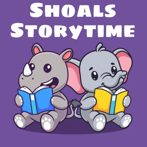 Shoals Storytime written in plain text overtop a cartoon of a rhino and elephant reading books. This is a Ware Shoals Childrens storytime.