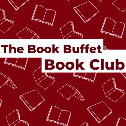 The Book Buffet Book Club logo across a cartoon book background. This is a Ninety Six Adult program.