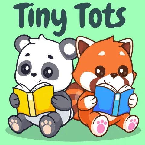 Tiny Tots is written in plain text overtop a cartoon of a panda and a red panda reading books. This is a program for Greenwood Toddler and Babies.