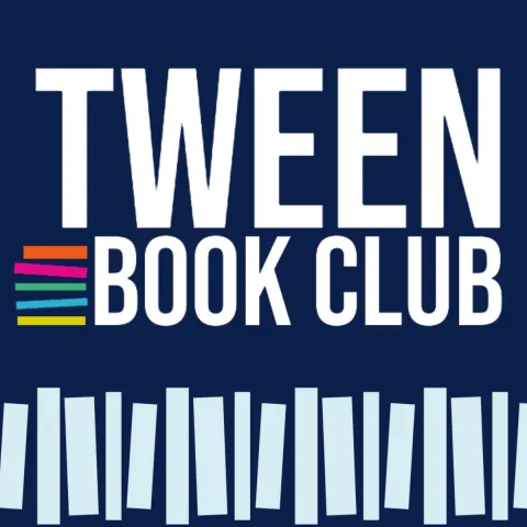 Tween Book Club logo centered on a illustrative background with cartoon book icons. This is a Greenwood Tween Book Discussion.