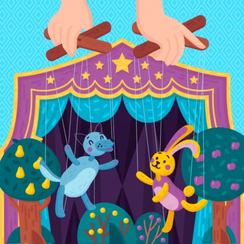 Illustrated puppet show scene with two marionette animals—a blue wolf and a yellow-and-pink bunny—dangling from strings controlled by two hands above a colorful stage. The stage has purple curtains trimmed in gold, a star at the top, and trees with fruit on each side.
