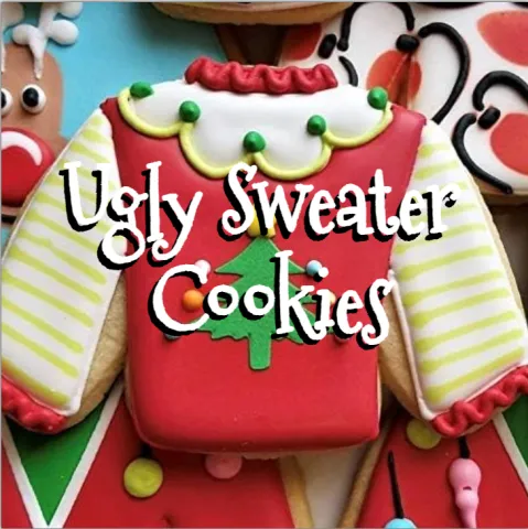 A decorated sugar cookie shaped like a Christmas sweater, iced in red, white, and yellow with green candy dots and a green Christmas tree design in the center. The cookie is surrounded by other festive cookies, and the text ‘Ugly Sweater Cookies’ is written in a playful white font across the image.