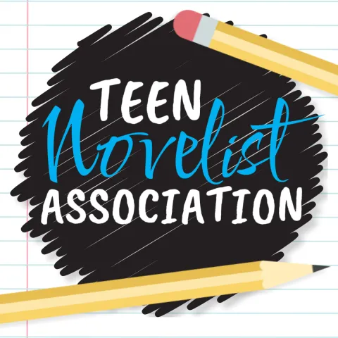 Logo for the Teen Novelist Association featuring the words ‘Teen Novelist Association’ in white and blue text over a black scribbled circle. The background resembles lined notebook paper, and two yellow pencils frame the design—one at the top right and one at the bottom left.