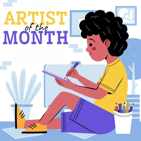 Illustration titled “Artist of the Month” showing a child with curly hair sitting on the floor and drawing in a notebook with a pencil, surrounded by art supplies and framed pictures in a bright, creative room.