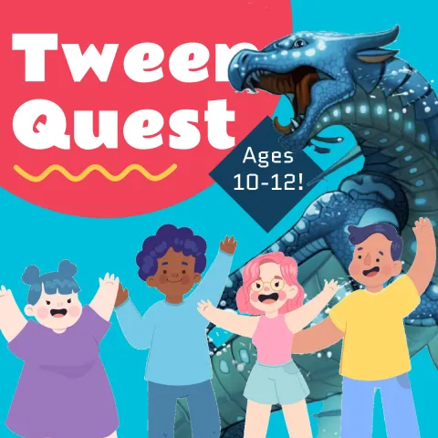 v=Colorful promotional graphic titled ‘Tween Quest.’ A large blue dragon roars on the right side, while four cartoon children with diverse appearances stand at the bottom smiling with their arms raised. A dark blue diamond-shaped label reads ‘Ages 10–12!’ The background is bright teal with a large red circle behind the title and a yellow wavy line decoration.