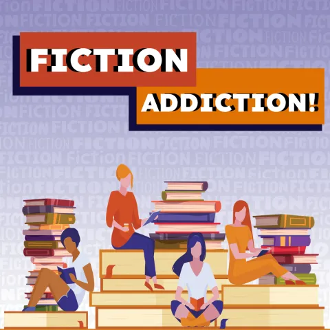 fiction addiction at the top of the image with a group of women sitting on books and reading beneath the title. 