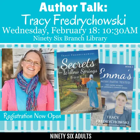 an image of the writer with her book covers to the right on top of a background of cartoon books.