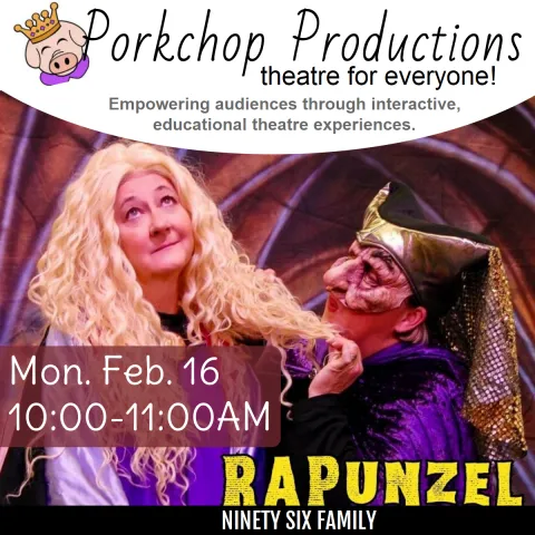Rapunzel curling her hair while someone in a mask talks to her. Event information and title is overlaid on the image.