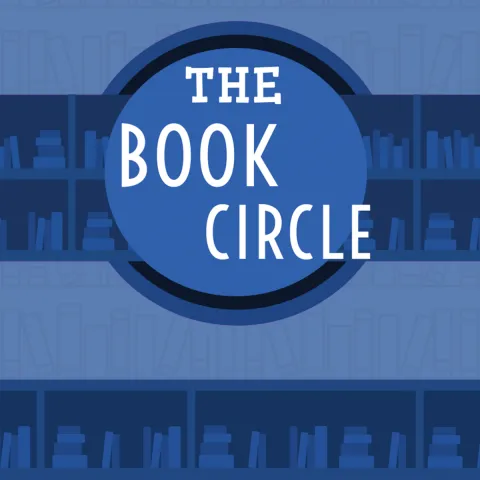 The Book Circle logo with an opaque series of books below the logo.