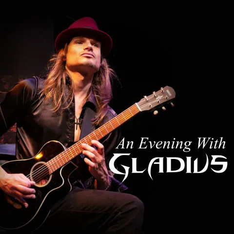 the performer with his guitar with event title overlaid on top of the image