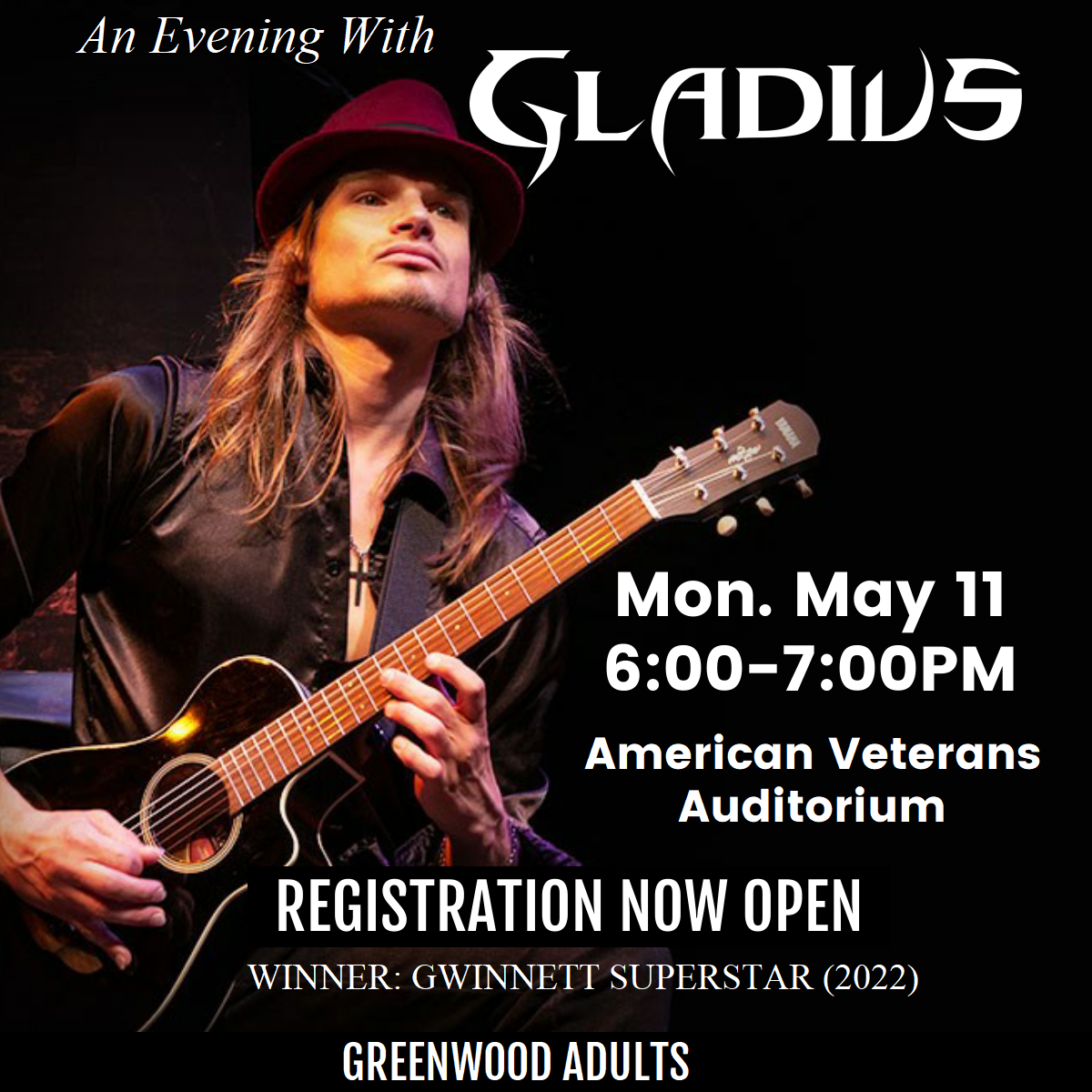 the performer with his guitar with event information overlaid on top of the image