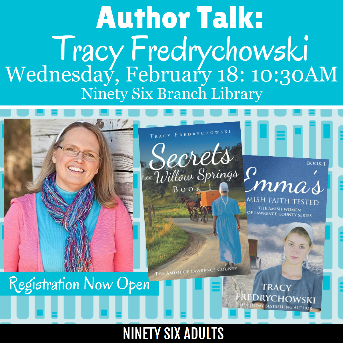an image of the writer with her book covers to the right on top of a background of cartoon books.