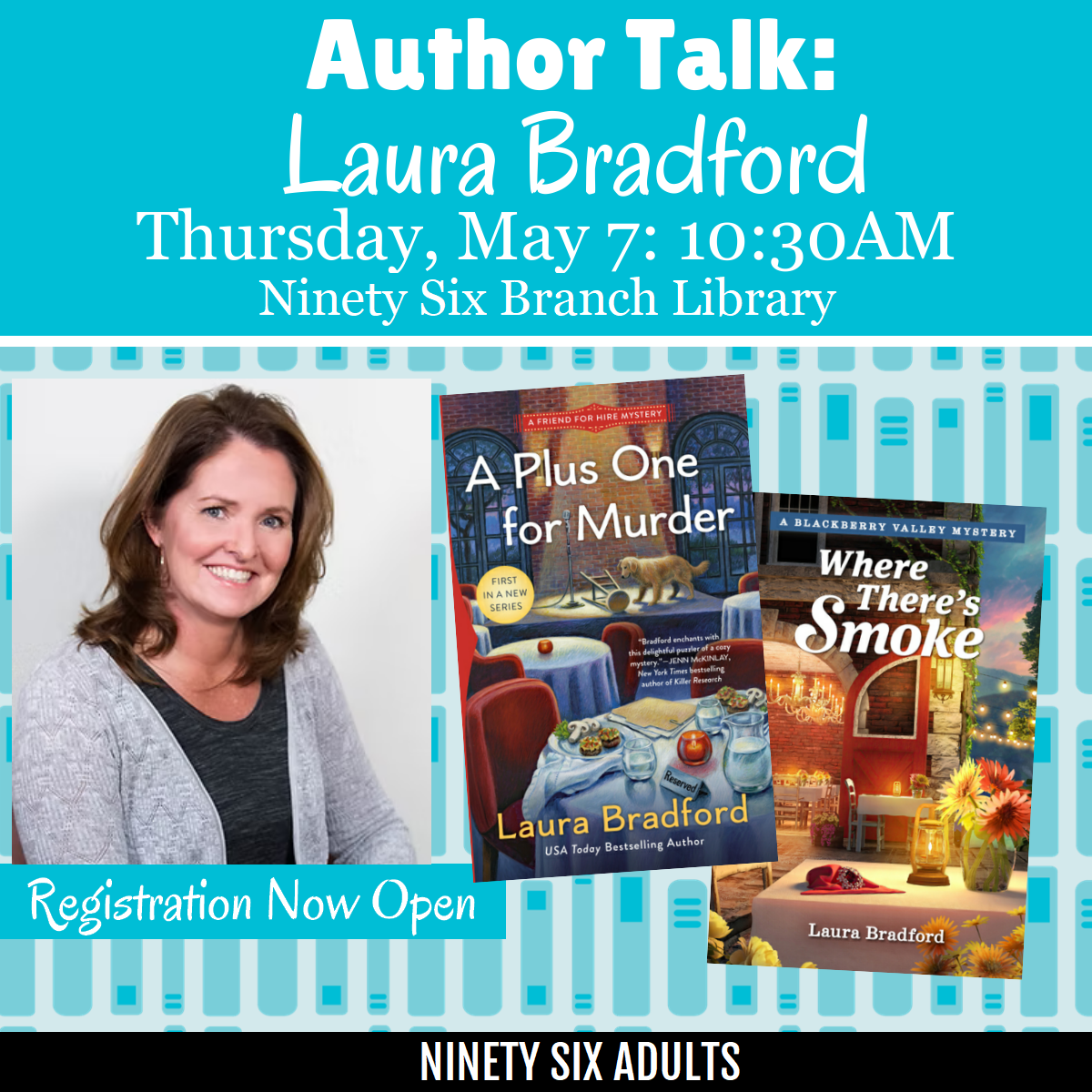 The author's image with her book covers to the right overlaid on a pattern of cartoon books.