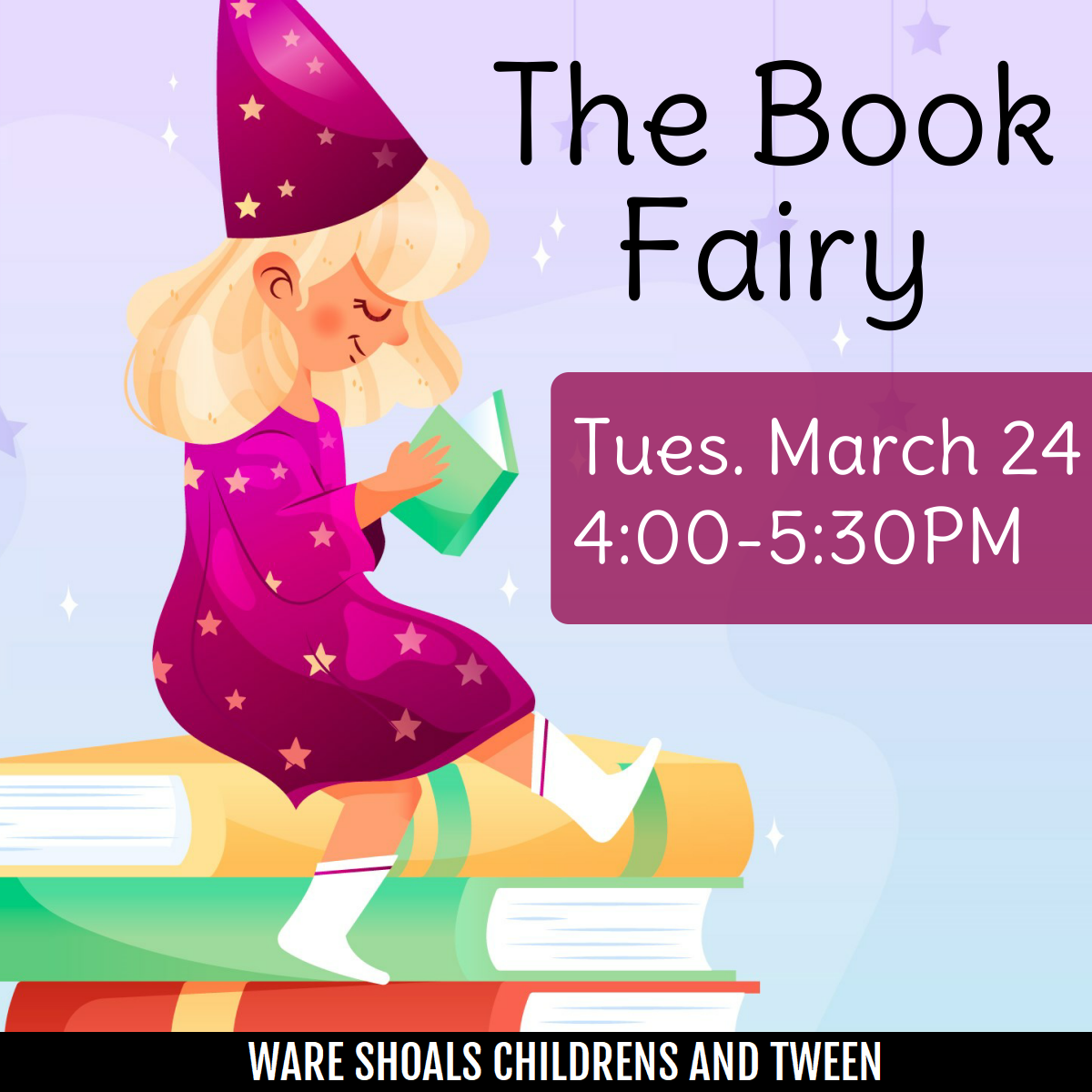a little girl in wizard garb is sitting on a stack of books reading a book.