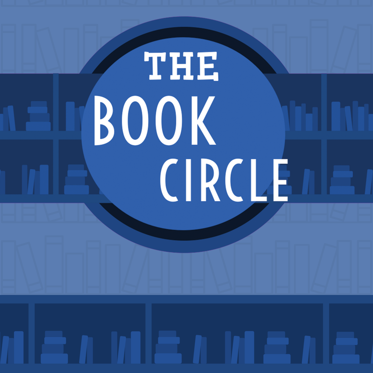The Book Circle logo with an opaque series of books below the logo.